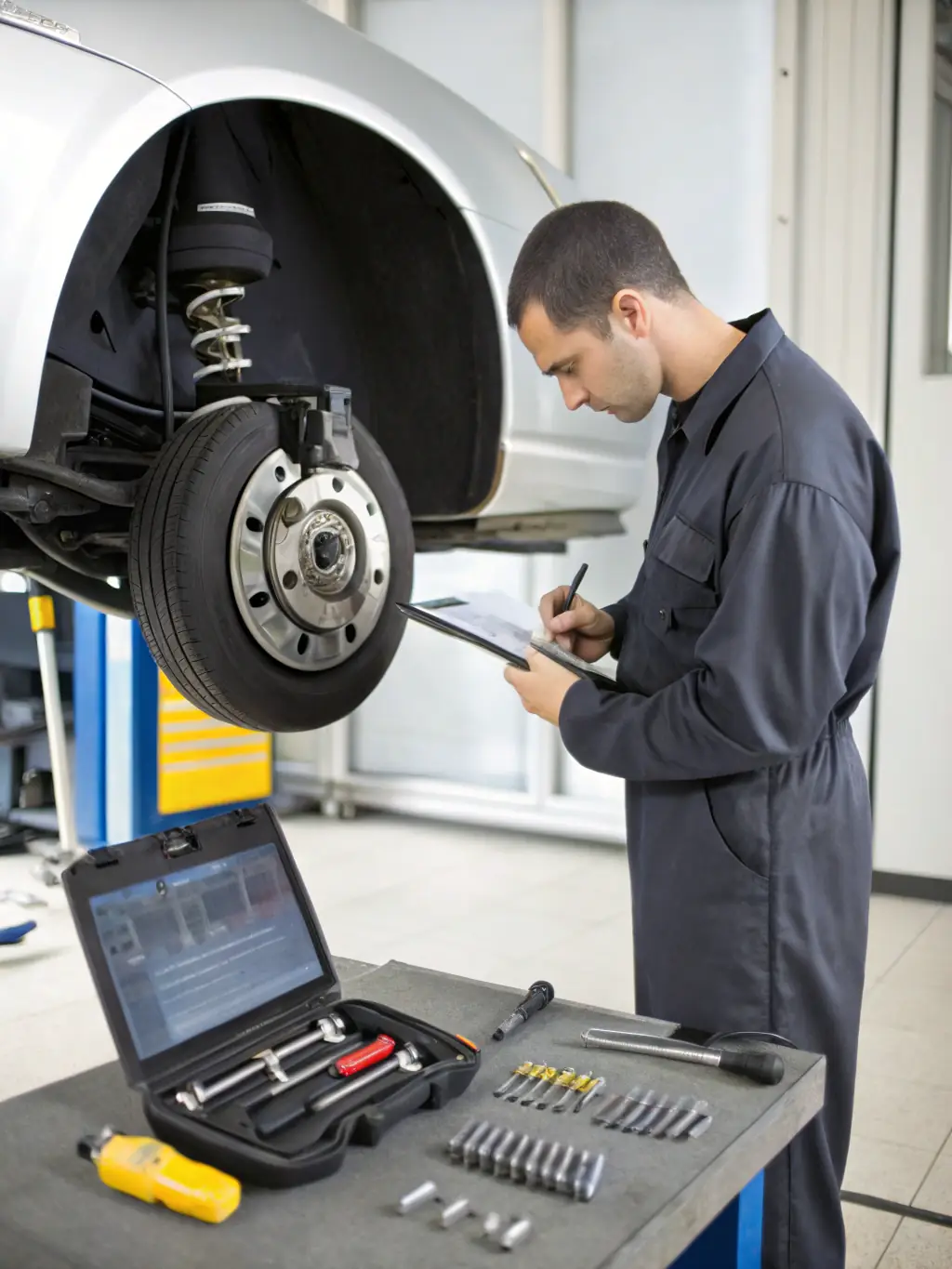 A close-up of a mechanic inspecting brake pads and rotors, emphasizing the precision and attention to detail in brake service.