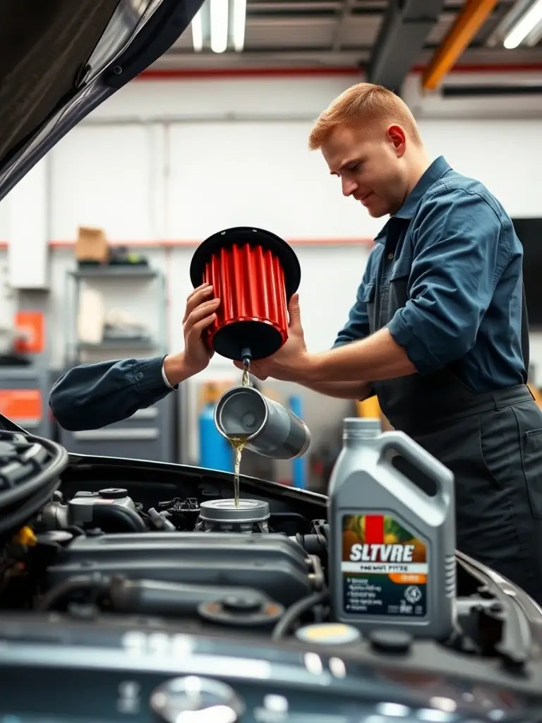 A mechanic performing an oil change, showcasing the use of high-quality oil and filters to maintain engine health.