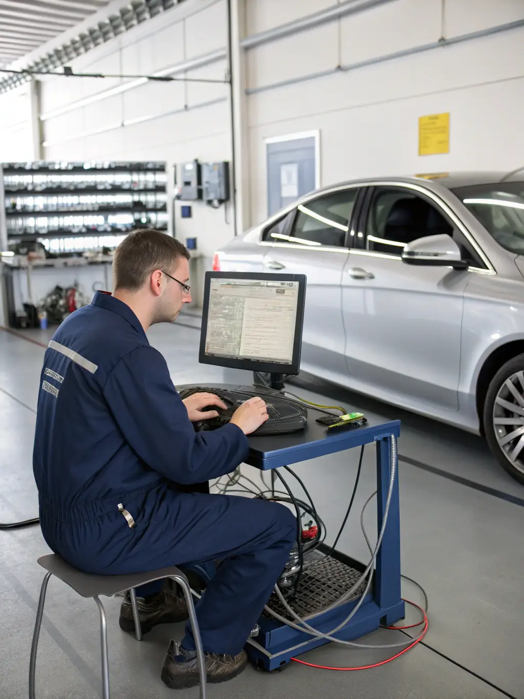 A technician using diagnostic equipment to identify car issues, highlighting the advanced technology used for accurate diagnostics.
