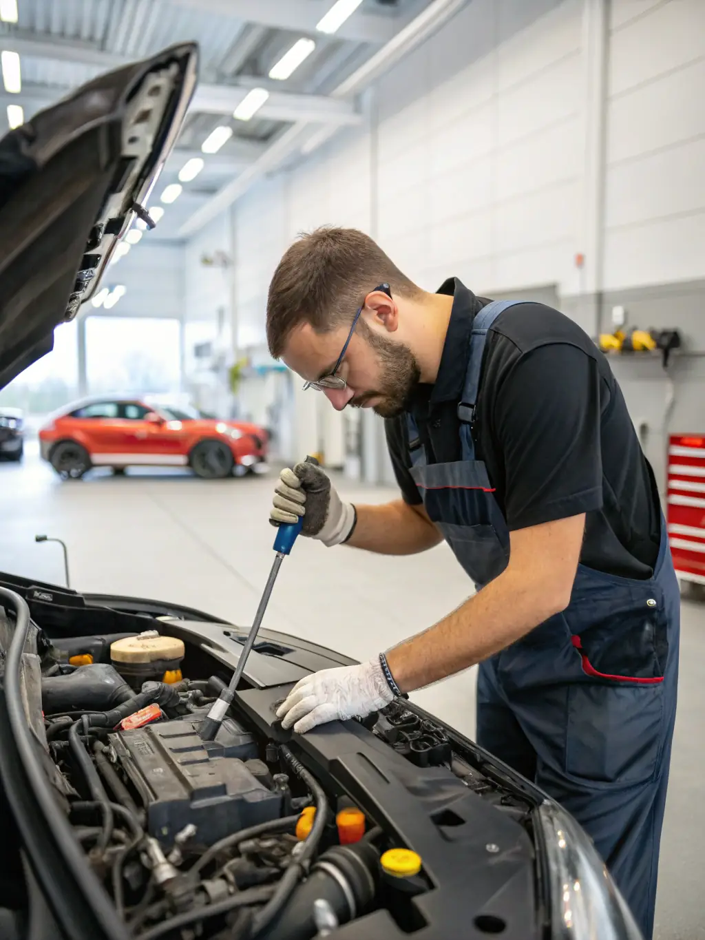 A mechanic working on a car engine in a clean, well-lit auto repair shop, focusing on the engine components with professional tools.